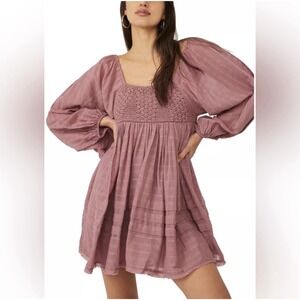 Free People Ari Smocked Crochet Boho Long Sleeve Mini Babydoll Dress XS Rose